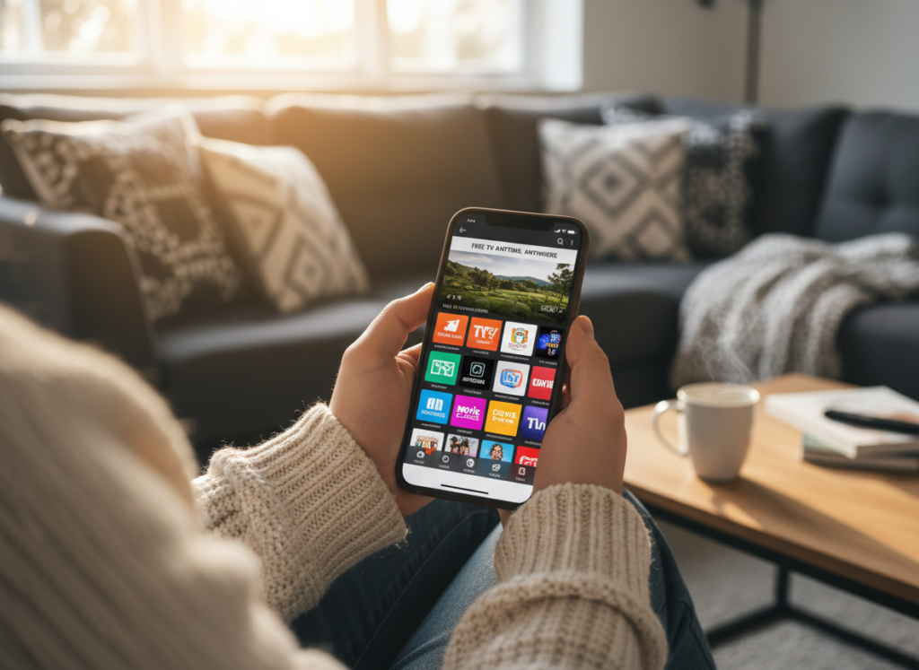 A modern smartphone displaying a streaming app with a vibrant interface showing various TV channels. In the foreground, the phone is held in hands, with a person dressed in a cozy, casual outfit. The background features a living room setting with a soft couch and a warm, inviting atmosphere. Natural light filters in through a window, casting a gentle glow on the scene. The focus is on the phone screen, showcasing eye-catching graphics and colorful thumbnails for popular shows, emphasizing the concept of free TV on a mobile device. The overall mood is relaxed and accessible, illustrating the ease of watching TV online. A modern smartphone displaying a streaming app with a vibrant interface showing various TV channels. In the foreground, the phone is held in hands, with a person dressed in a cozy, casual outfit. The background features a living room setting with a soft couch and a warm, inviting atmosphere. Natural light filters in through a window, casting a gentle glow on the scene. The focus is on the phone screen, showcasing eye-catching graphics and colorful thumbnails for popular shows, emphasizing the concept of free TV on a mobile device. The overall mood is relaxed and accessible, illustrating the ease of watching TV online.