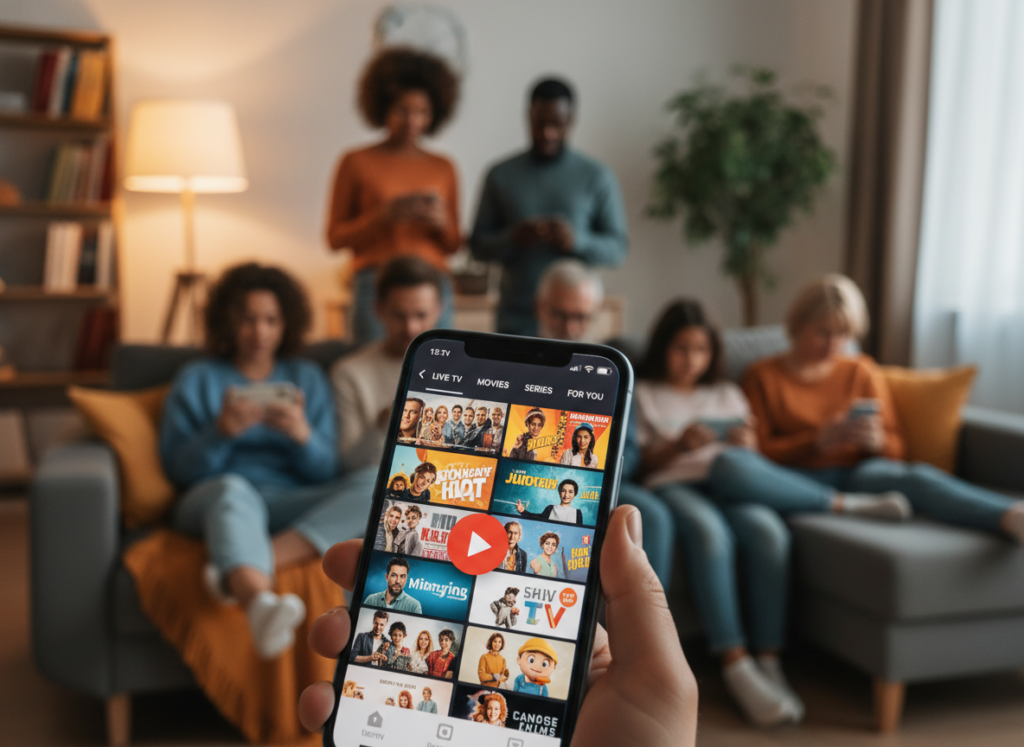 A smartphone displaying a user-friendly interface of a free TV streaming app, positioned prominently in the foreground. The screen shows vibrant thumbnails of various TV shows and movies, capturing a variety of genres. In the middle ground, blurred silhouettes of diverse people casually enjoying their mobile devices, representing different ethnicities and age groups, adding a sense of community and engagement. The background showcases a cozy living room setup with a soft, warm light illuminating the scene, evoking a relaxed and inviting atmosphere. The overall mood is modern and accessible, emphasizing the enjoyment of watching TV on mobile devices. The image is shot with a slight angle to provide depth, using a recent smartphone model for realism. A smartphone displaying a user-friendly interface of a free TV streaming app, positioned prominently in the foreground. The screen shows vibrant thumbnails of various TV shows and movies, capturing a variety of genres. In the middle ground, blurred silhouettes of diverse people casually enjoying their mobile devices, representing different ethnicities and age groups, adding a sense of community and engagement. The background showcases a cozy living room setup with a soft, warm light illuminating the scene, evoking a relaxed and inviting atmosphere. The overall mood is modern and accessible, emphasizing the enjoyment of watching TV on mobile devices. The image is shot with a slight angle to provide depth, using a recent smartphone model for realism.